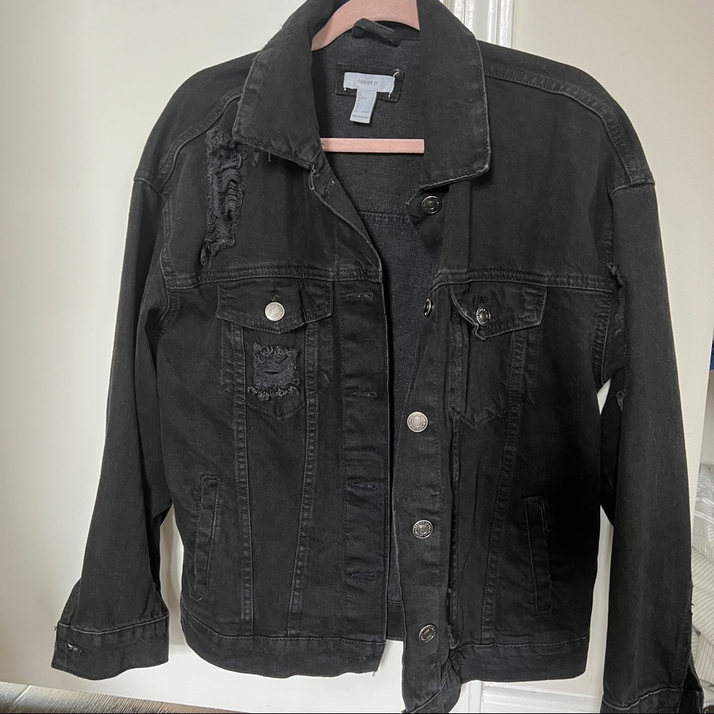 black distressed denim jean jacket forever21 quality size small
